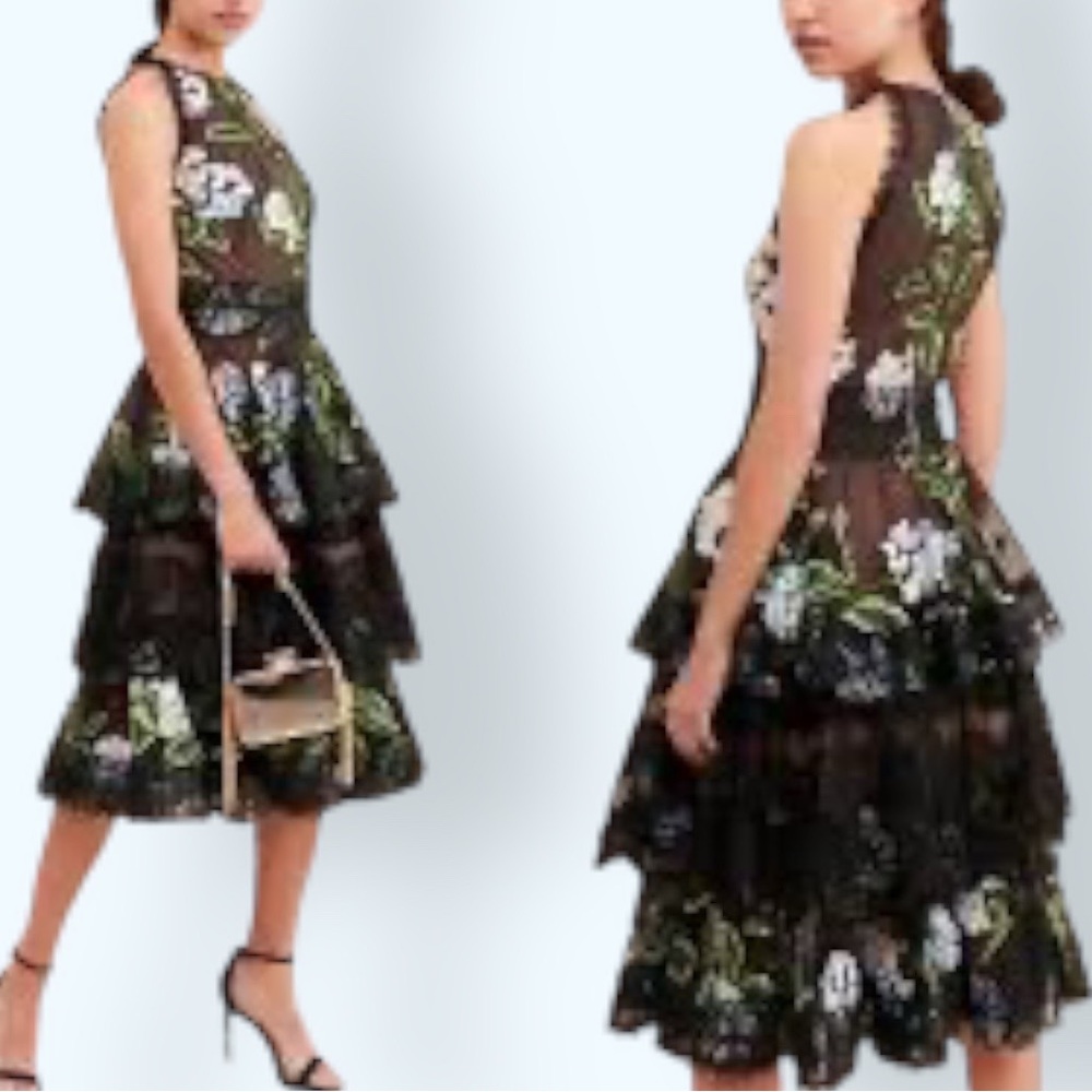 Bronx & Banco x BHLDN Bridgette Ruffle Sm 4 | 6 Black Blue Embroidered Lace Midi